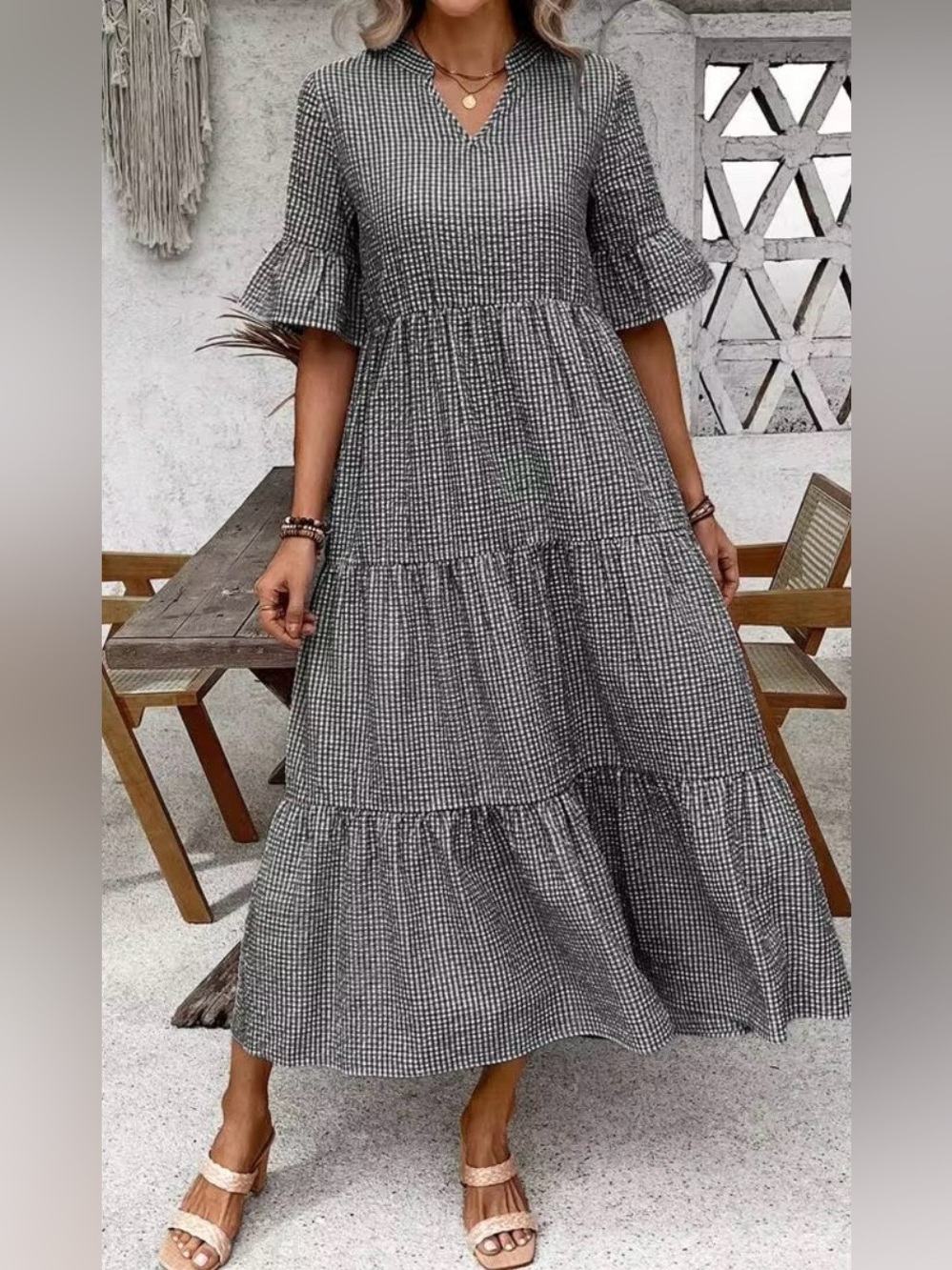 Emory Rose Black and White Gingham Tiered  V-Neck Midi Dress Size XL
